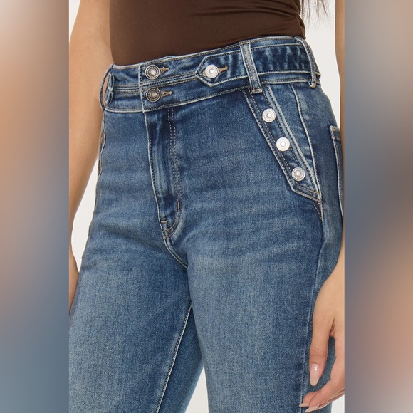 Kancan Kiery High Rise Flare Jeans Wide Hem and Button Detail on Pockets NWT - Picture 3 of 8